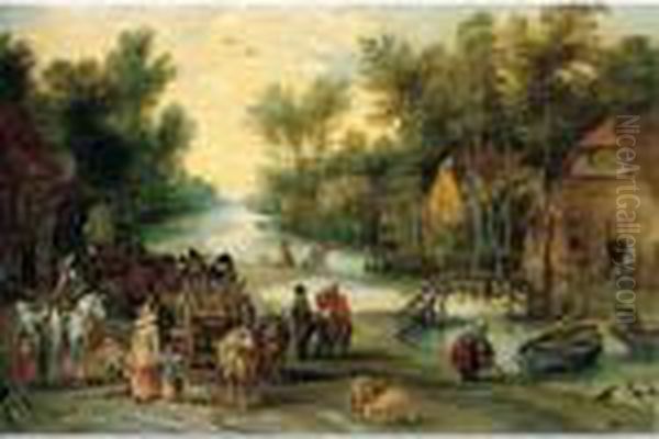 A Wooded River Landscape With Elegant Figures Buying Provender - view 1