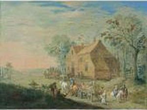 A Landscape With Travellers In Carts Near An Inn by Jan Brueghel the Younger