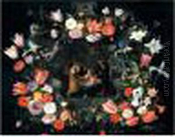 A Still Life Of The Holy Kinship Within A Stone Cartouche Adorned By Garlands Of Flowers - view 1