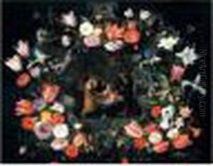 A Still Life Of The Holy Kinship Within A Stone Cartouche Adorned By Garlands Of Flowers