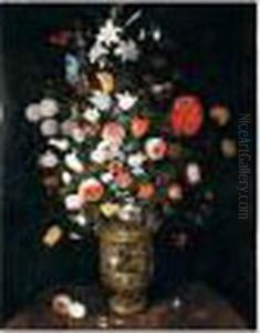 Still Life Of Roses, Daffodils,
Carnations, Snake-head Fritillaries, Irises And Lilies In A Sculpted
Parcel-gilt Vase, Upon A Stone Ledge by Jan Brueghel the Younger