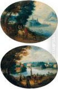 River Landscapes With Travellers, A View Of A Town Beyond by Jan Brueghel the Younger