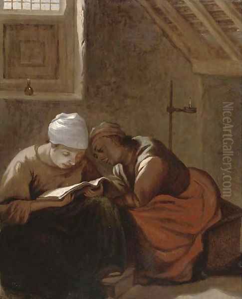 Two women reading in an interior - view 1