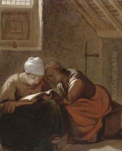 Two women reading in an interior by Harmen Fransz. Hals