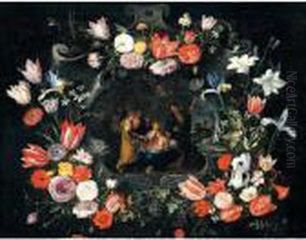 Still Life Of The Holy Kinship Within A Stone Cartouche Adorned By Garlands Of Flowers - view 1