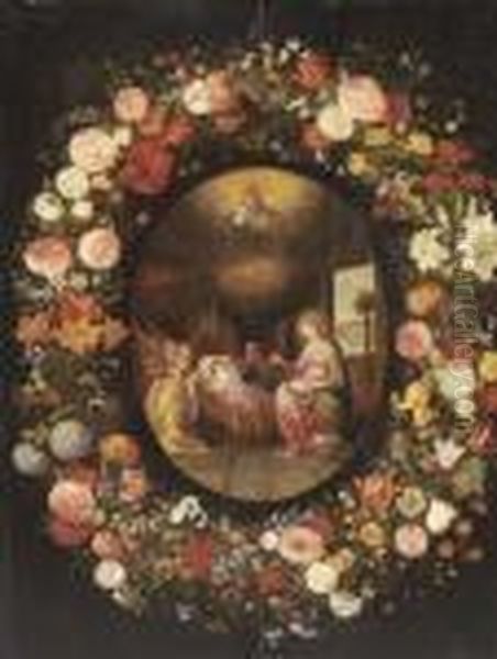 A Garland Of Roses, Tulips, 
Jasmine And Other Flowers Encircling An Oval Of The Virgin With Angels 
Adoring The Child In The Crib, With God The Father And The Holy Spirit - view 1