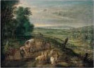 An Open Landscape With Waggoners And Drovers On A Track, A Town Beyond