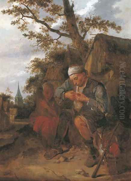 Peasants seated outside a farmhouse - view 1