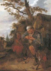 Peasants seated outside a farmhouse by Harmen Fransz. Hals