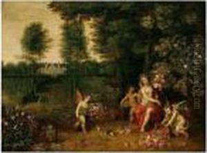 An Allegory Of Spring - Flora Attended By Putti In The Grounds Of A Country Villa by Jan Brueghel the Younger