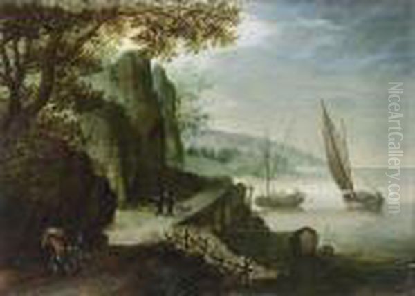 A River Landscape With
Travellers On A Path And Two Monks With A Dog In The Background, Sailing
Vessels Near The Coast - view 1