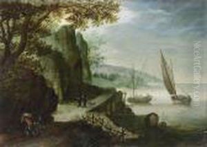 A River Landscape With 
Travellers On A Path And Two Monks With A Dog In The Background, Sailing
 Vessels Near The Coast