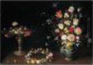 A Still Life Of Flowers In A
Tazza, A Garland Of Flowers On A Table, And Roses, Tulips, Irises And
Other Spring And Summer Flowers In A Wan-li Porcelain Vase, All On A
Ledge by Jan Brueghel the Younger