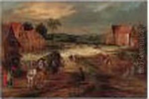 Landscape With A Covered Waggon And Other Figures In A Village Street by Jan Brueghel the Younger