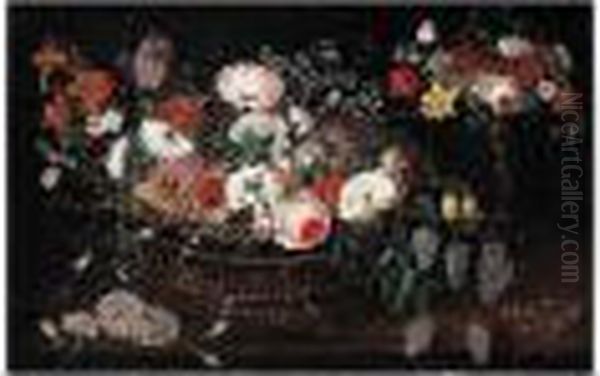 Still Life Of Mixed Flowers In A
 Basket With A Bouquet Of Flowers In A Gilt Tazza Upon A Table Top - view 1