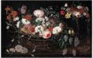 Still Life Of Mixed Flowers In A
 Basket With A Bouquet Of Flowers In A Gilt Tazza Upon A Table Top by Jan Brueghel the Younger