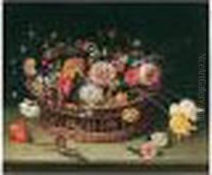 Still Life Of Roses, Tulips, 
Bluebells And Carnations In A Wicker Basket With A Butterfly, All 
Resting Upon A Stone Ledge by Jan Brueghel the Younger
