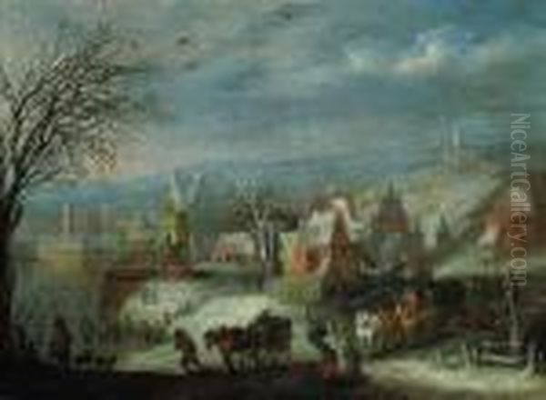 A Winter Landscape With Travellers By A Fortified Town - view 1