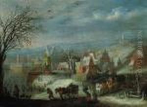 A Winter Landscape With Travellers By A Fortified Town by Jan Brueghel the Younger