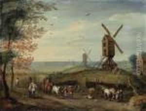 An Autumn Landscape With 
Windmills And Peasants Harvesting; And Awinter Landscape With Skaters On
 A Frozen River And Peasants On Apath By A Village by Jan Brueghel the Younger