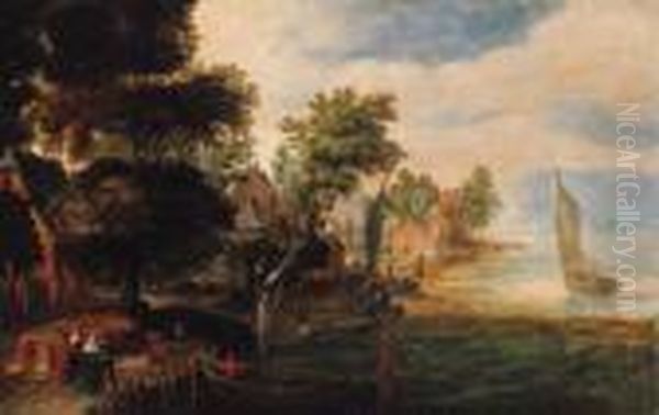 Elegant Company With Bargemen At A Village Landing Stage - view 1