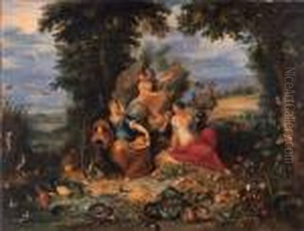 The Four Elements In A Wooded
Coastal Landscape With Fish, Animals,birds, Fruit, Flowers And
Vegetables, Peasants Harvesting Beyond,the Triumph Of Galatea Beyond - view 1
