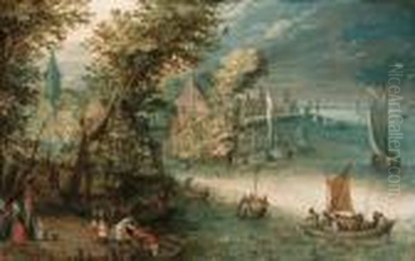 A Wooded River Landscape With 
Travellers At A Landing Stage Near Atown, Kaags, Rowing Boats And A 
Ferry On The River - view 1