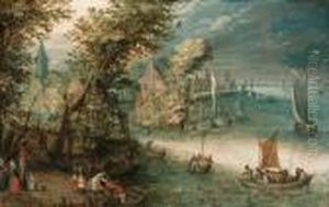A Wooded River Landscape With 
Travellers At A Landing Stage Near Atown, Kaags, Rowing Boats And A 
Ferry On The River