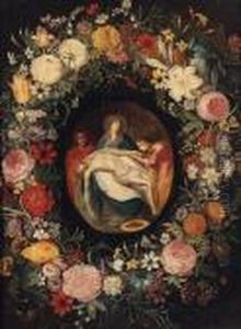 The Lamentation In A Medallion Surrounded By A Garland Offlowers by Jan Brueghel the Younger