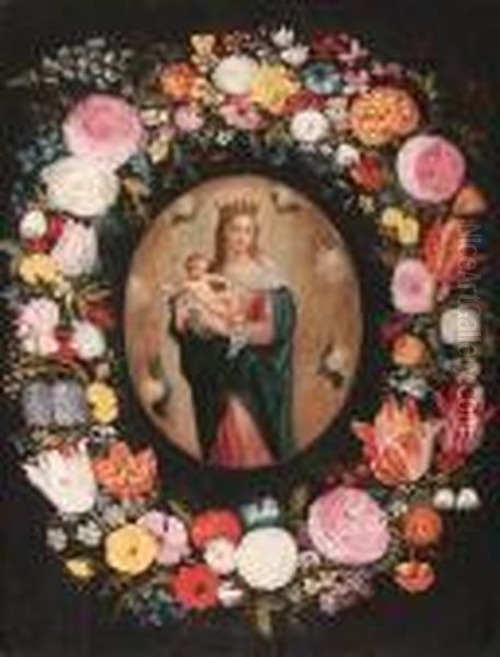 A Garland Of Flowers Surrounding A Medallion Of The Virgin Andchild - view 1