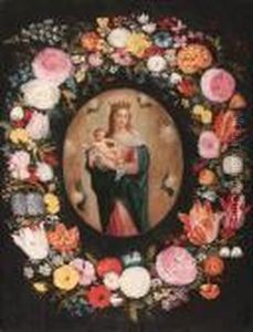 A Garland Of Flowers Surrounding A Medallion Of The Virgin Andchild by Jan Brueghel the Younger