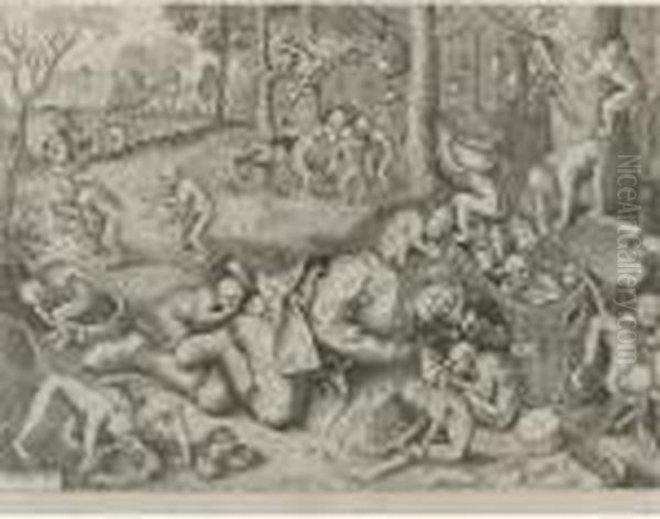 The Sleeping Peddler, Surrounded
 By Monkeys, Who Are Playing Withhis Goods (bast., Holl. 148) - view 1