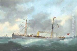 The British steamer Rex running out of Le Havre by Marie-Edouard Adam Of Le Havre