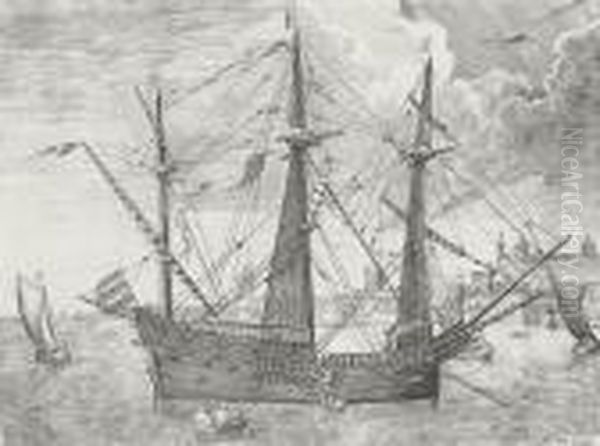 Man Of War At Anchor To The Right A Town; And Three Men 

 Of War Before A Water-fortress - view 1