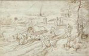 A Covered Wagon With Travellers In A Landscape