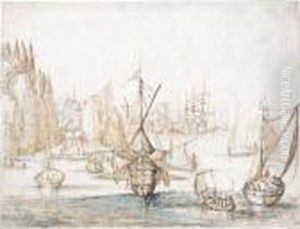 Ships At Anchor Off A Mountainous Coastline by Pieter The Elder Brueghel