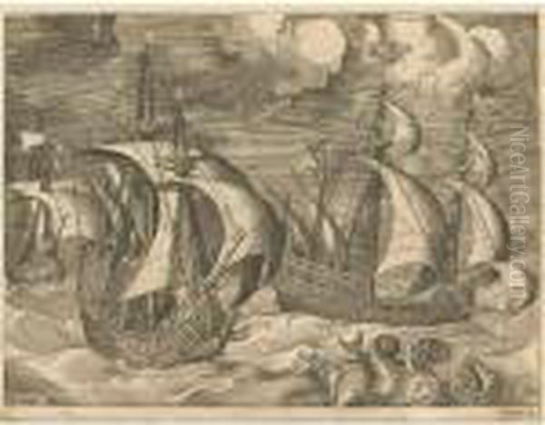 Three Caravels In A Rising
Squall, With Arion On A Dolphin; Two Galleys Sailing Behind An Armed
Three-master With Phaeton And Jupiter In The Sky; And A Fleet Of Galleys
Escorted By A Caravel, By Frans Huys (bastelaer 105-7) - view 1