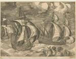 Three Caravels In A Rising 
Squall, With Arion On A Dolphin; Two Galleys Sailing Behind An Armed 
Three-master With Phaeton And Jupiter In The Sky; And A Fleet Of Galleys
 Escorted By A Caravel, By Frans Huys&amp;nbsp;(bastelaer 105-7)