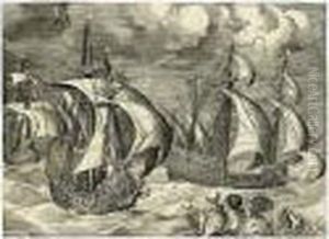 Three Men Of War In A Tempest, Sailing To Right (hollstein 105; Lebeer 48) by Pieter The Elder Brueghel