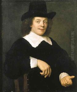 Portrait of a gentleman, seated half length, wearing black costume with lace collar and cuffs and black hat by Bartholomeus Van Der Helst