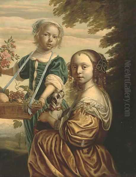 Double portrait of two girls, the elder kneeling, in a yellow silk dress with a dog in her lap, the younger standing - view 1