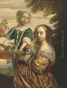 Double portrait of two girls, the elder kneeling, in a yellow silk dress with a dog in her lap, the younger standing by Bartholomeus Van Der Helst