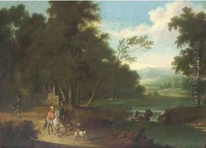 An extensive wooded river landscape with a hawking party on a track