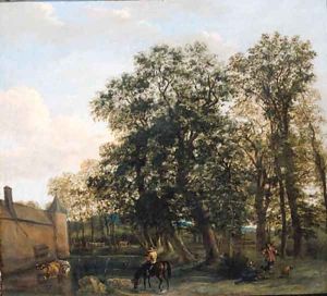 Drivers watering cattle near a castle, a falconer nearby by Joris van der Haagen or Hagen