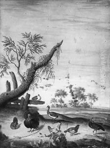 Peacocks and Chickens near a Pond in a Landscape