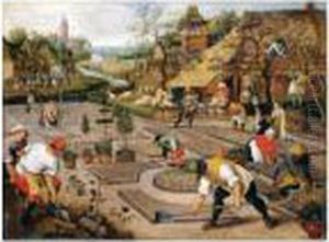 Spring: Gardeners Digging And Planting A Formal Garden by Pieter The Younger Brueghel
