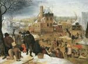 A Winter Landscape With Peasants
 Skating And Playing Kolf On A Frozen River, A Town Beyond