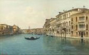 View Of A Canal With The Rialto Bridge Beyond, Venice by Emanuele Brugnoli