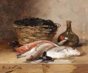 Still Life With Fishes, Mussels And Glass Bottle by Alphonse de Neuville