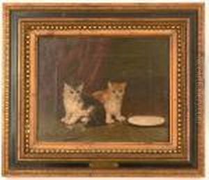 An Interior Scene With Two Cats And A Dish, Signed At The Lower Left Corner.